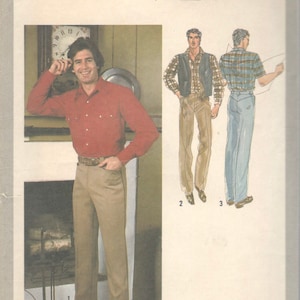 Simplicity 9124 1970s Mens Shirt Pants and Reversible Vest Pattern Western Style Adult Vintage Sewing Chest 42 or 40