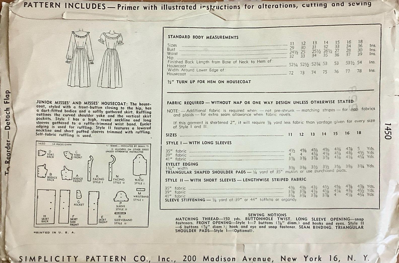 Simplicity 1450 1940s Jr Misses Housecoat Pattern Fitted Bodice ...