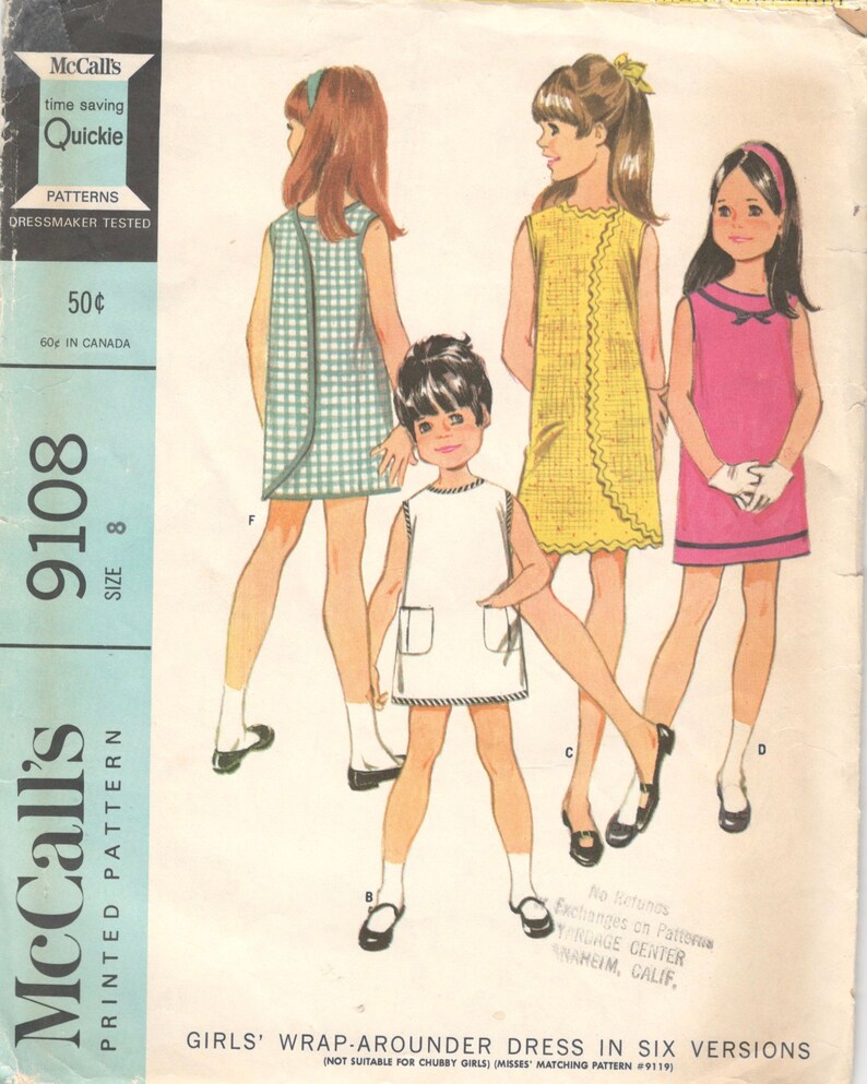 McCalls 9108 1960s Girls 3 Armhole Wrap Arounder Dress Pattern Childs Childs Mod Vintage Sewing Pattern Size 12 Breast 30 NO INSTRUCTIONS image 3