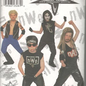 May include: A Simplicity sewing pattern for children's wrestling costumes. The pattern includes four different costumes: a black and white wrestling costume with a scorpion design, a black and white wrestling costume with the letters "nWo", a black and white wrestling costume with the letters "NAS", and a black and white wrestling costume with the word "Hollywood". The pattern is for sizes 7, 8, 10, 12, and 14.