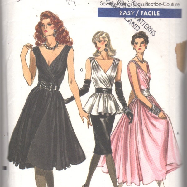 1980s Vogue 7053 Misses Low V Neck Dress Top and Skirt Pattern Attached Slip and Petticoat Womens Vintage Sewing Pattern Size 8 Bust 31