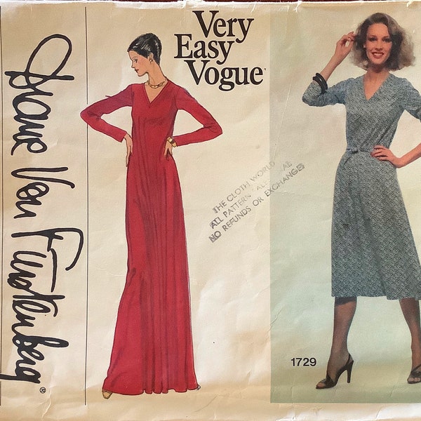 Vogue 1729 1970s Misses Dress Pattern 2 Lengths For Stretch Knits Diane Von Furstenberg Easy Womens Vintage Sewing Pattern Size 10 Or Size 6