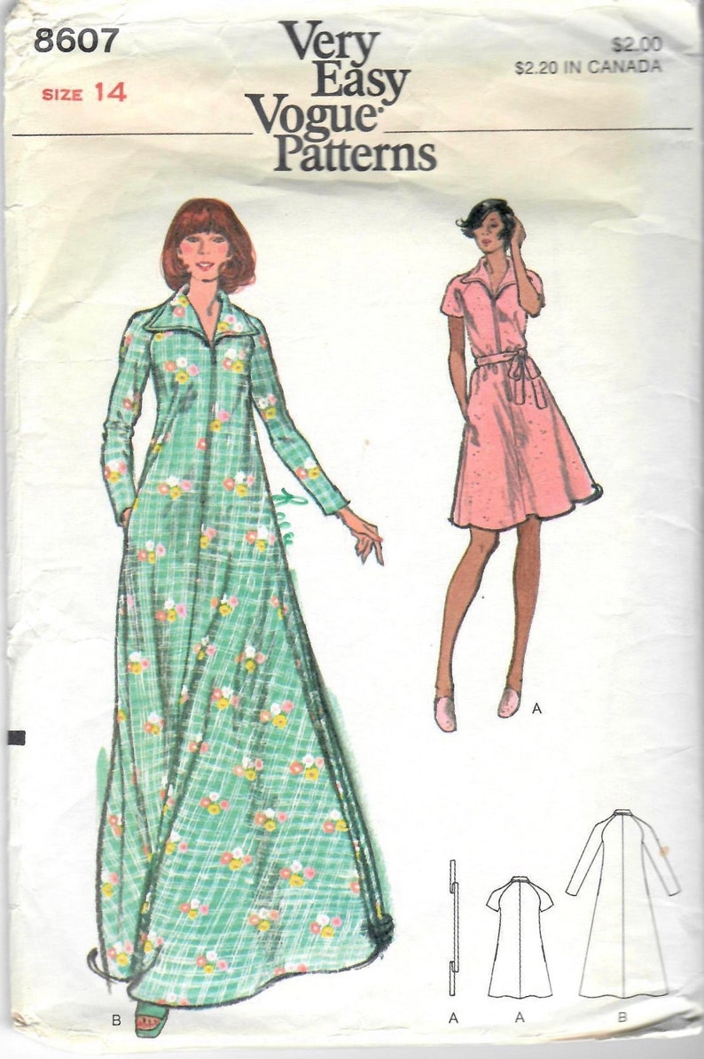 Zip Robe Sewing Pattern 1970s Vogue 8607 Misses Very Easy Front Zip Robe Pattern 2 Lengths Tent ...