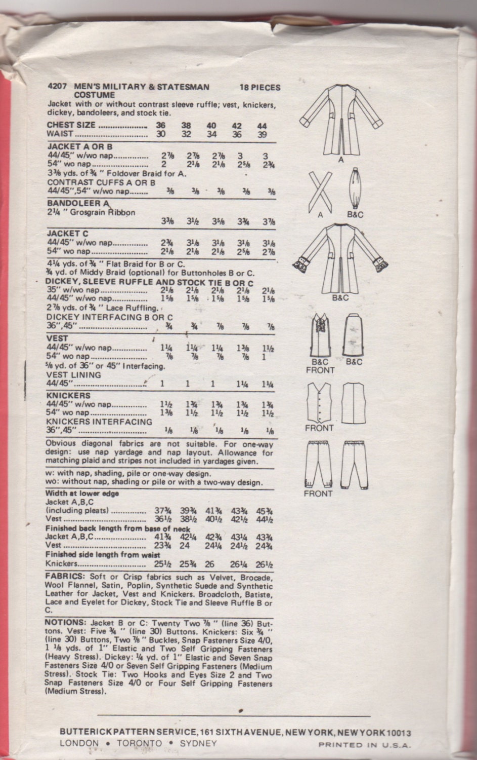 Butterick 4207 Mens 1776 Costume Pattern Bicentennial Coat