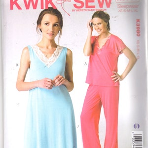 Kwik Sew 3980 Deep V Neck Nightgown and Pajamas Pattern Lace Trim Top Pull On Pants Womens Sewing Pattern Size XS S M L XL Bust 31- 45 UNCUT
