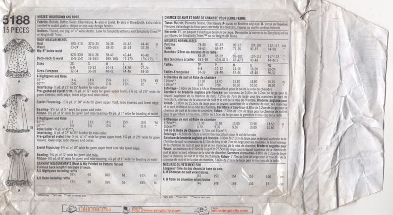 May include: A vintage sewing pattern for a nightgown and robe set, featuring detailed diagrams and measurements. The pattern includes various sizes and fabric suggestions. The image is a close-up of the pattern's front and back.