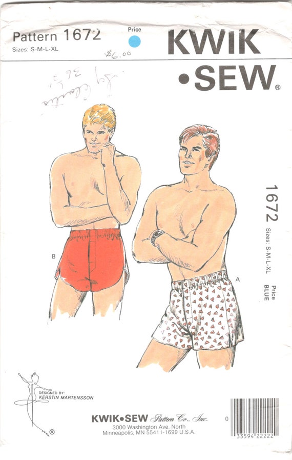Kwik Sew 1672 1980s Mens Boxer Shorts Pattern Fly Front Opening