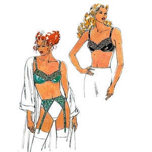 May include: Two illustrations of lingerie. One illustration shows a green lace bra with matching suspender belt and stockings. The other illustration shows a black lace bra with a white skirt.