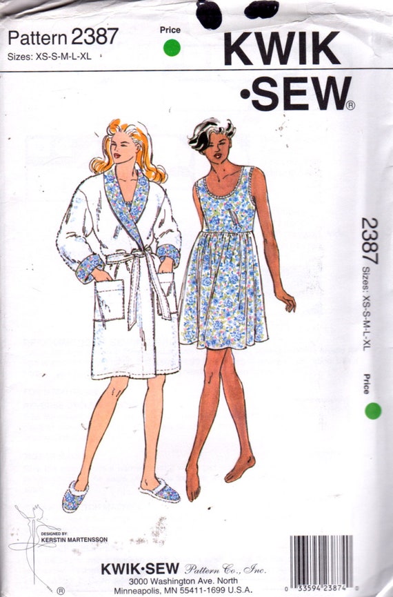 Kwik Sew 2387 Misses Lingerie Empire Nightgown Scuff Slippers Wrap