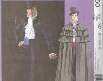 May include: A sewing pattern for a costume with two figures. The figure on the left is wearing a purple jacket, a white ruffled shirt, and black pants. The figure on the right is wearing a gray cape with a black collar and a white ruffled shirt. The pattern is for sizes small, medium, and large.