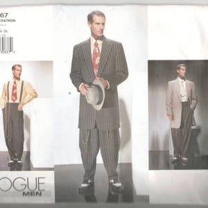 May include: A vintage sewing pattern for a men's suit. The pattern is for sizes 32-34-36 and includes a pinstripe suit jacket and matching pants. The pattern is from Vogue Men's and has the number 2367.