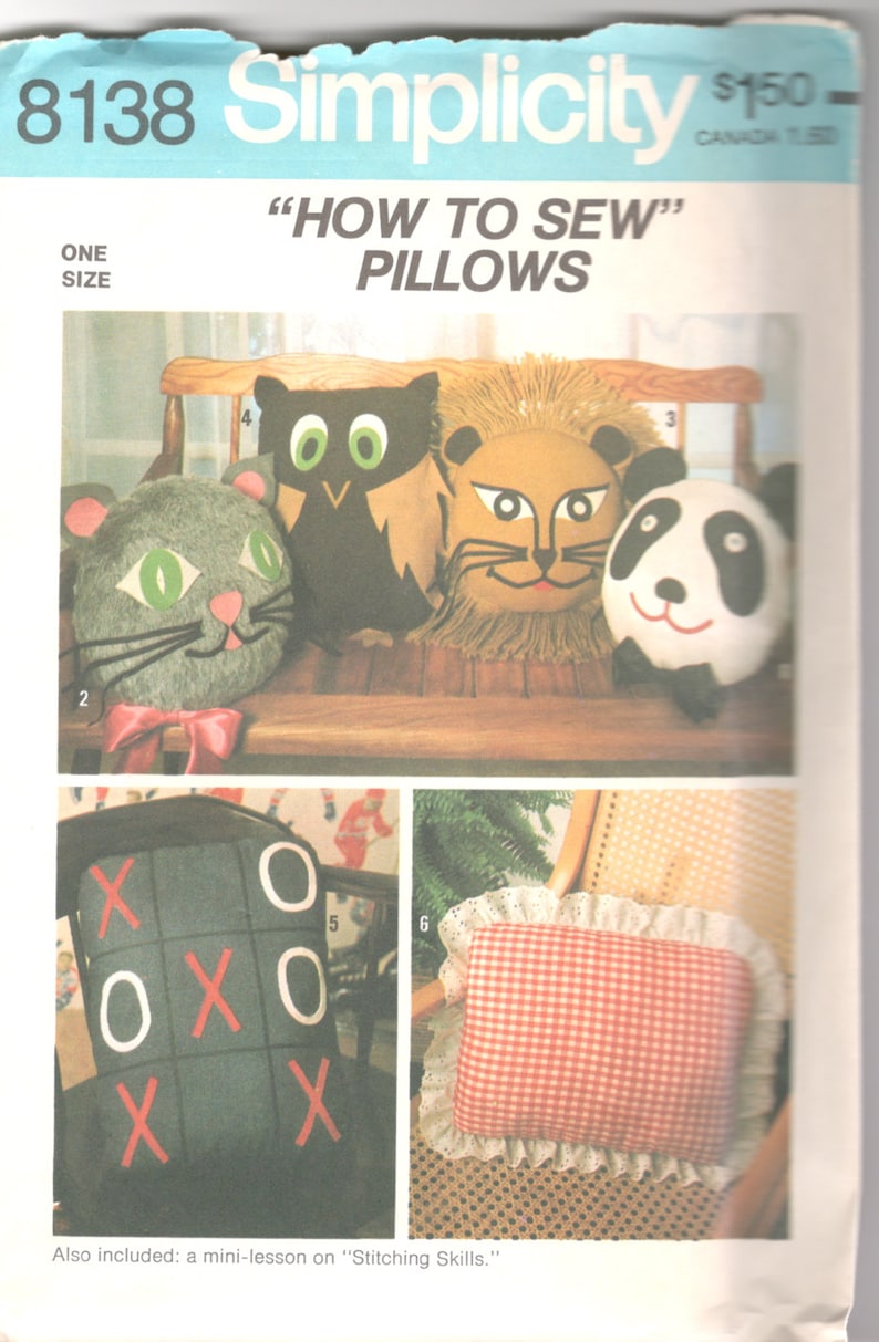 Simplicity 8138 1970s Fun Pillows Pattern Owl Cat Lion Panda Tic Tac Toe Vintage Home Decor Sewing Transfer Pattern UNCUT image 1