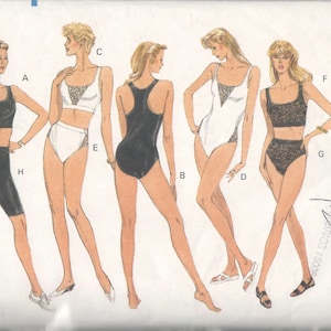 May include: A sewing pattern for five different swimsuit styles. The pattern includes a one-piece swimsuit, a bikini top and bottom, and a tankini top and bottom. The pattern is for sizes 6-8-10. The pattern is called "Very Easy Very Vogue" and is from Minnesota Fabrics #6009.