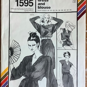 Stretch & Sew 1595 1970s Dress Blouse Wrap Top Kimono Tunic V Or Bateau Neck Dolman Sleeve Womens Vintage  Sewing Pattern Bust 28- 44  UNCUT
