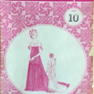 May include: A Patterns Pacifica sewing pattern envelope, number 3038, size 10. The packaging features a pink and white floral background with a central white circle displaying illustrations of two figures in long dresses. The text reads Patterns Pacifica.