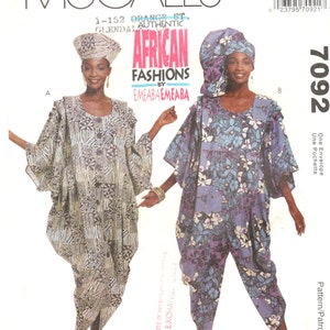 May include: A sewing pattern for two different styles of African clothing. The pattern is called "Authentic African Fashions by Emeaba Emeaba" and the pattern number is 7092. The pattern includes a long, flowing dress with a geometric print and a jumpsuit with a floral print.