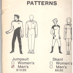 May include: A vintage Star Trek: The Next Generation pattern sheet. The sheet features illustrations of jumpsuits and skants, with the text "PATTERNS" at the top. The jumpsuit is marked as "Men's" and the skant is marked as "Men's".
