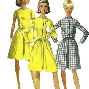 May include: Three outfits featuring a yellow short-sleeved dress with a belt, a yellow dress with a matching cropped jacket and white gloves, and a black and white plaid dress with a matching cropped jacket, all paired with white or black shoes.