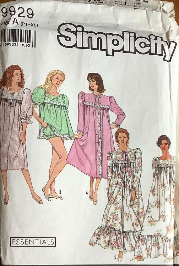 Simplicity 9929 Misses Pullover Nightgown Baby Doll Pajamas Robe Pattern Womens Vintage Sewing Pattern Size P S M L XL UNCUT Etsy UK