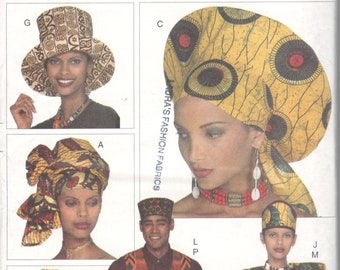 Butterick 3470 Unisex African Fashion Adult Accessories Pattern Hat Headwrap Stole Bow Tie Vest Mens Womens Sewing Pattern UNCUT