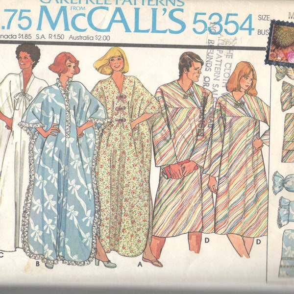 McCalls 5354 1970s Misses CAFTAN Pillows Bed Caddy Pattern Mens Womens CONVALESCENT COAT Vintage Sewing Size Xs Bust Chest 31 32 Or Medium