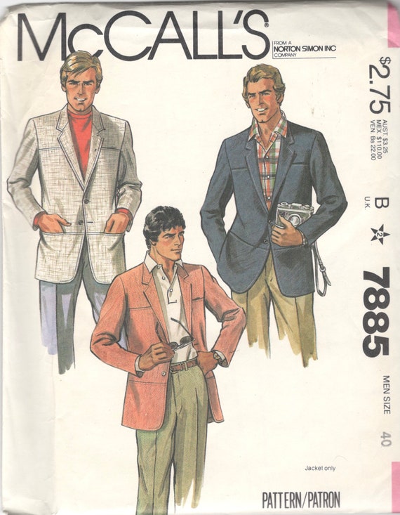 Mccalls 7885 1980s Mens Single Breasted Jacket Pattern Shaped