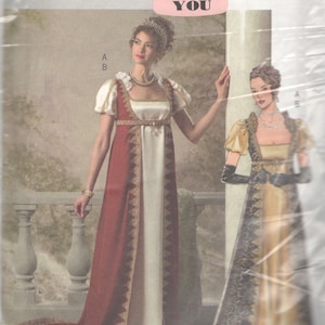 May include: A sewing pattern for a long, white dress with a red overlay and gold trim. The pattern is for sizes 6-8-10-12 and is from Butterick. The pattern number is B4890.