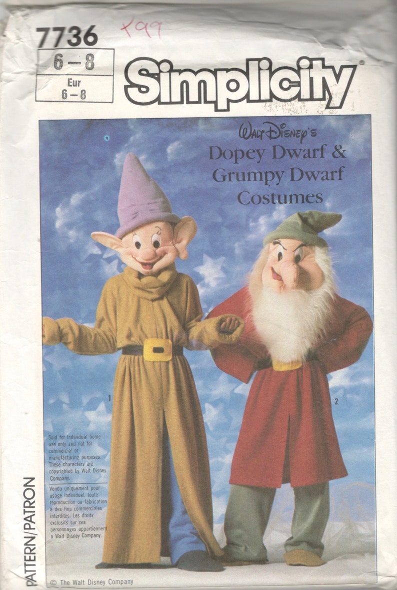 Simplicity 7736 Boys Girls Childrens Disney Dwarf Costume Pattern DOPEY GRUMPY Childs Sewing Pattern Size 10 12 Or 6 8 Or 2 4 UNCUT image 4