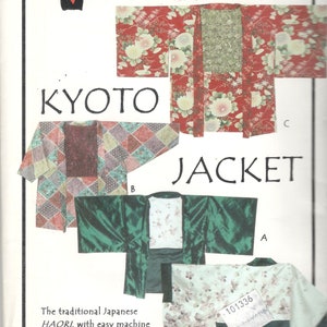 May include: A sewing pattern for a Kyoto jacket, featuring multiple design options. The pattern includes a red floral print, a geometric pattern, and a solid green design. The text on the pattern reads "KYOTO JACKET" and "SIZES XS-XL".