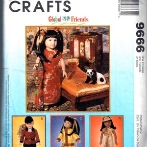 May include: McCall's Crafts Global Friends doll sewing pattern. The pattern includes instructions for making three different doll outfits: a red and gold Chinese-inspired dress, a yellow and gold Egyptian-inspired outfit, and a red and black riding outfit. The pattern is for one envelope and includes one pattern.