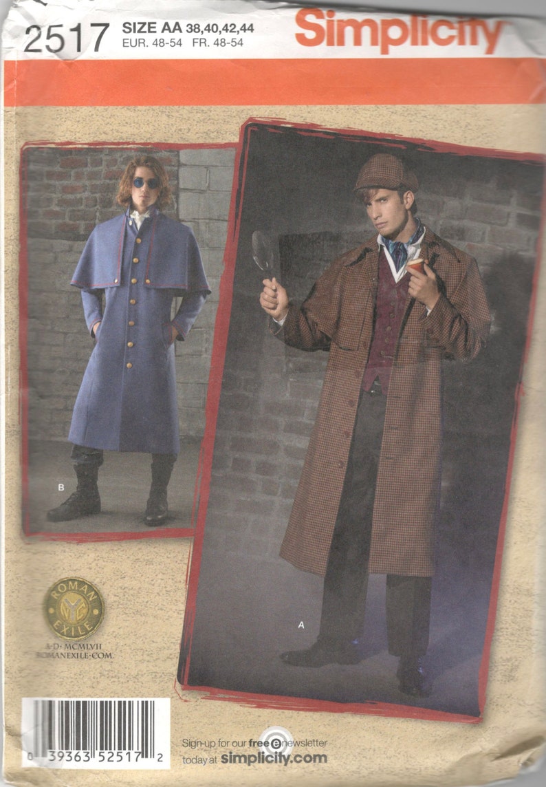 Simplicity 2517 Mens Sherlock Holmes Costume Pattern Coat and Hat Victorian Ulster Steampunk Sewing Chest 38 40 42 44 Or 46 48 50 52