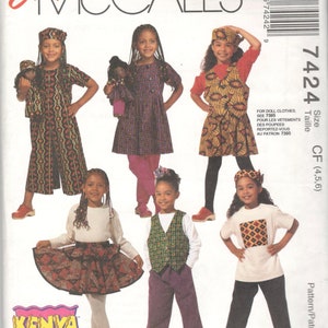 McCalls 7424 Girls Afrocentric Jumpsuit Vest T Shirt Skirt Pants Kofi Hat Pattern Kenya Vintage Sewing Pattern Size 4-5-6 or 6-7-8 image 1