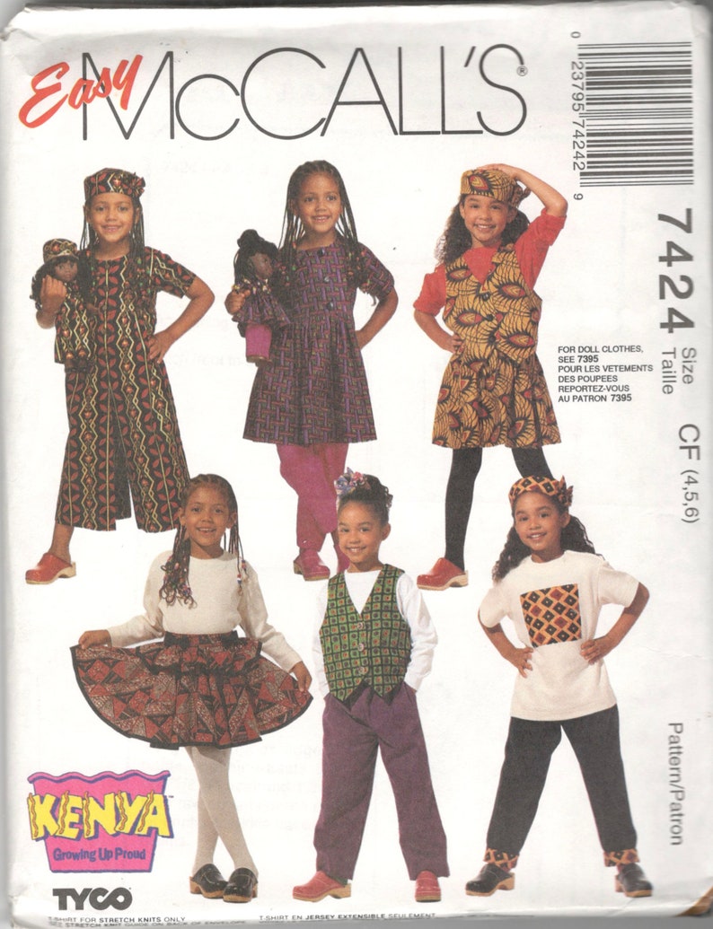 McCalls 7424 Girls Afrocentric Jumpsuit Vest T Shirt Skirt Pants Kofi Hat Pattern Kenya Vintage Sewing Pattern Size 4-5-6 or 6-7-8 image 1