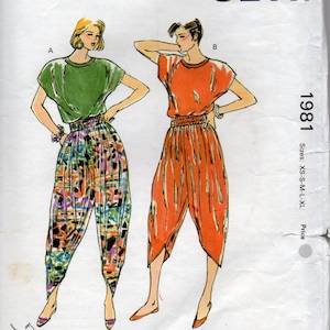 Kwik Sew 1981 Misses Loose Fitting Yoga Harem Pants  and Pullover Top Pattern  Womens  Sewing Pattern Size XS  S M L XL Waist 22 - 37  UNCUT