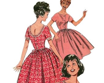 Butterick 9415 1960s Quick Easy Teen Dress Pattern Full Skirt Button Front or Back Bateau Neck Womens Vintage Sewing Pattern Size 9 Bust 30