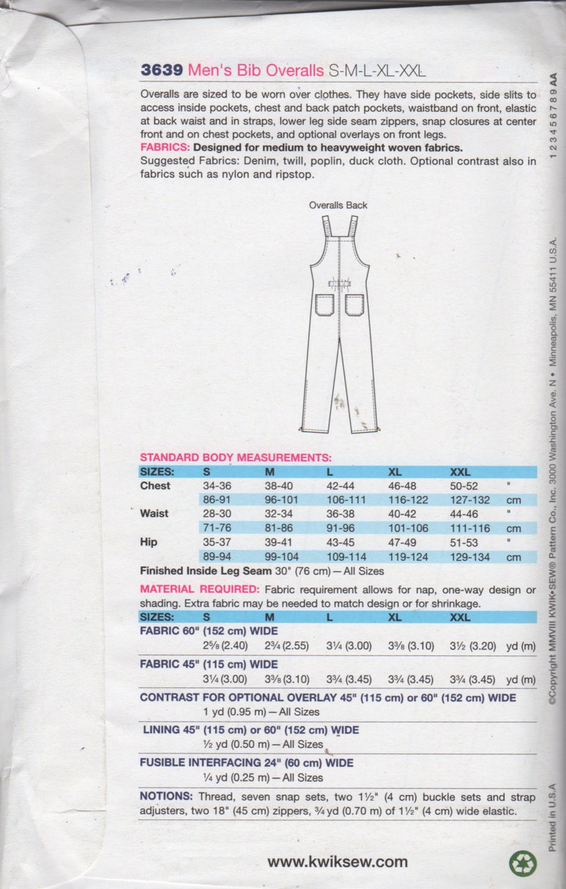 Kwik Sew 3639 Mens Bib Overalls Pattern Mans Optional Ripstop Etsy