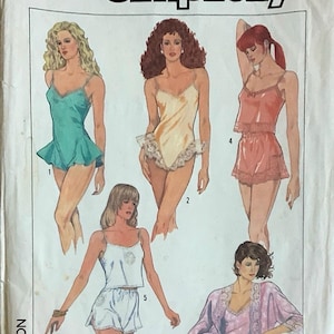 May include: Simplicity sewing pattern featuring lingerie designs. The pattern includes illustrations of various sleepwear styles, such as a teal camisole with a peplum, a peach bodysuit, and a pink robe. The pattern size is H (6+8+10).