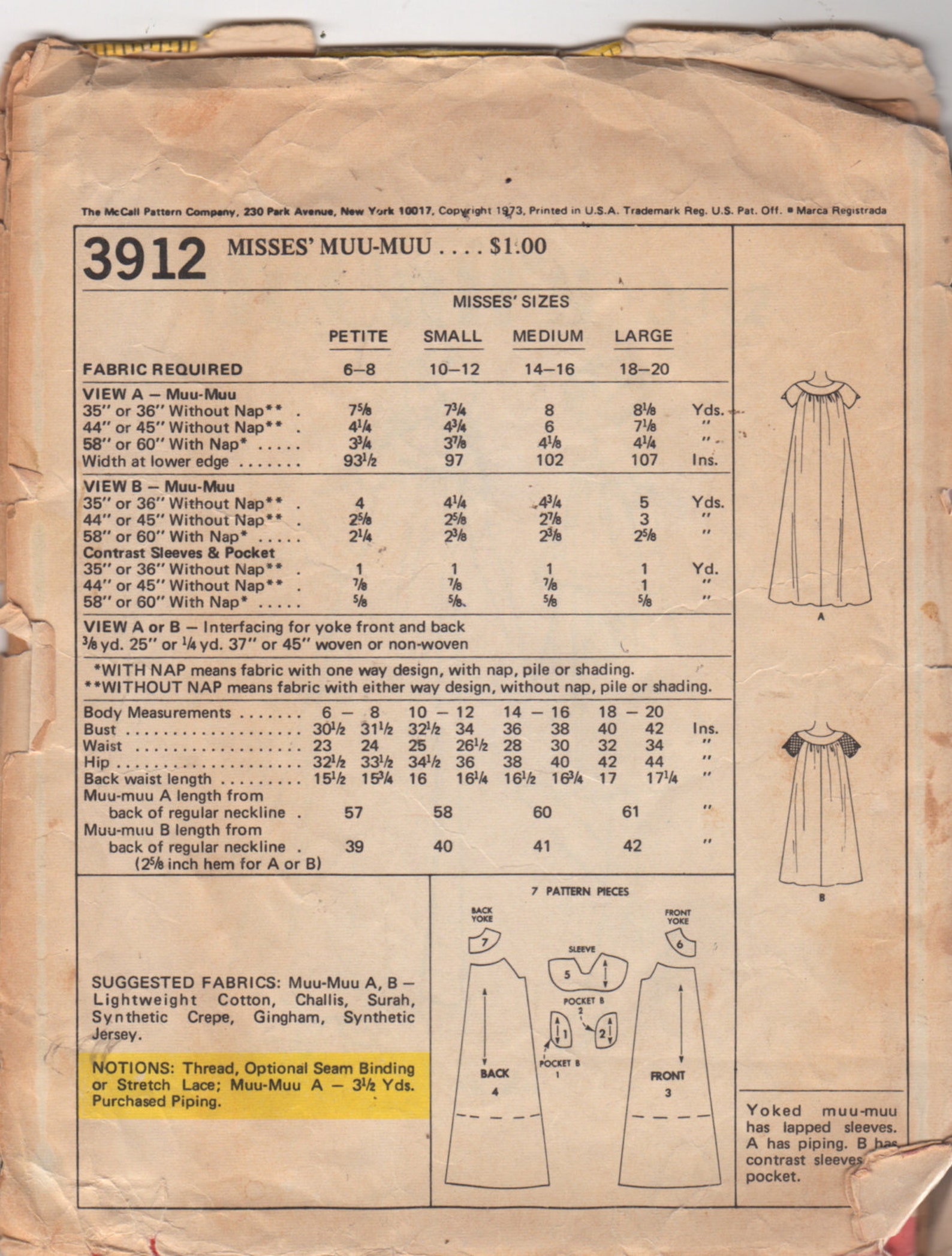 Mccalls 3912 1970s Misses Muu Muu Dress Pattern Tulip Sleeves - Etsy