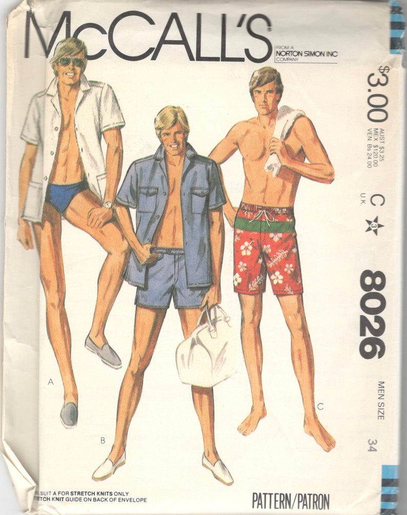 Mccalls 8026 1980s Mens Bathing Suit Speedo and Beach Shirt Etsy