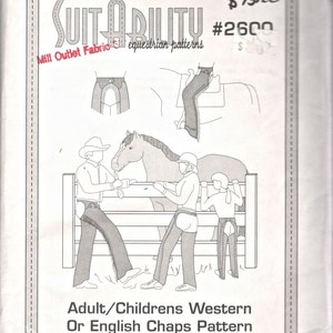 May include: A vintage sewing pattern for adult and children's Western or English chaps. The cover features illustrations of chaps and riders with a horse. The pattern includes thigh sizes 13-27 and is from Mill Outlet Fabric.