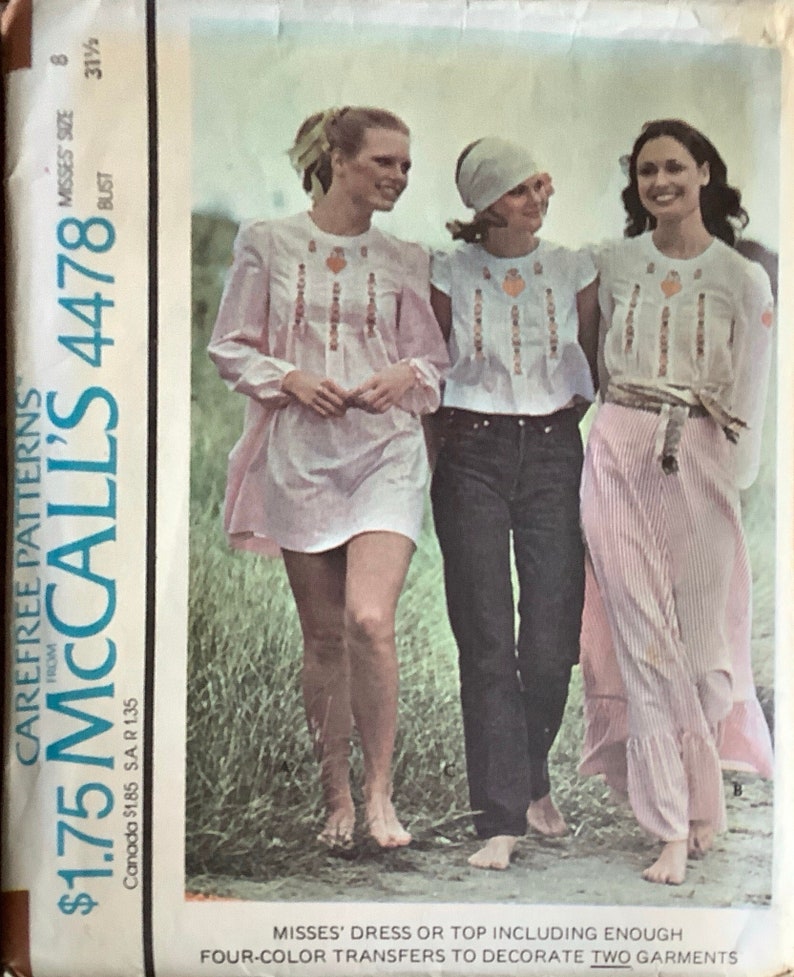 McCalls 4478 1970s Misses Front Yoked Dress or Top Pattern Hippie Flower Child Boho Size 8 Bust 31 Transfers image 1