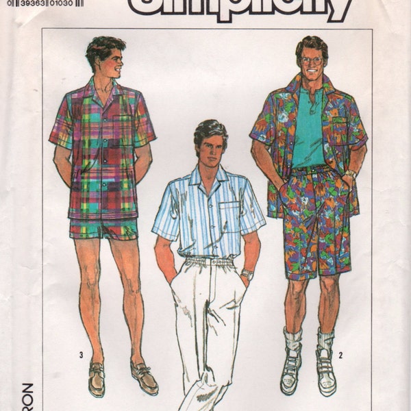 Simplicity 7990 Sporty Pants SHORTS and SHIRT Pattern Surf Club Mens Vintage 1980s Sewing Pattern Size s m l  Chest 34 - 44