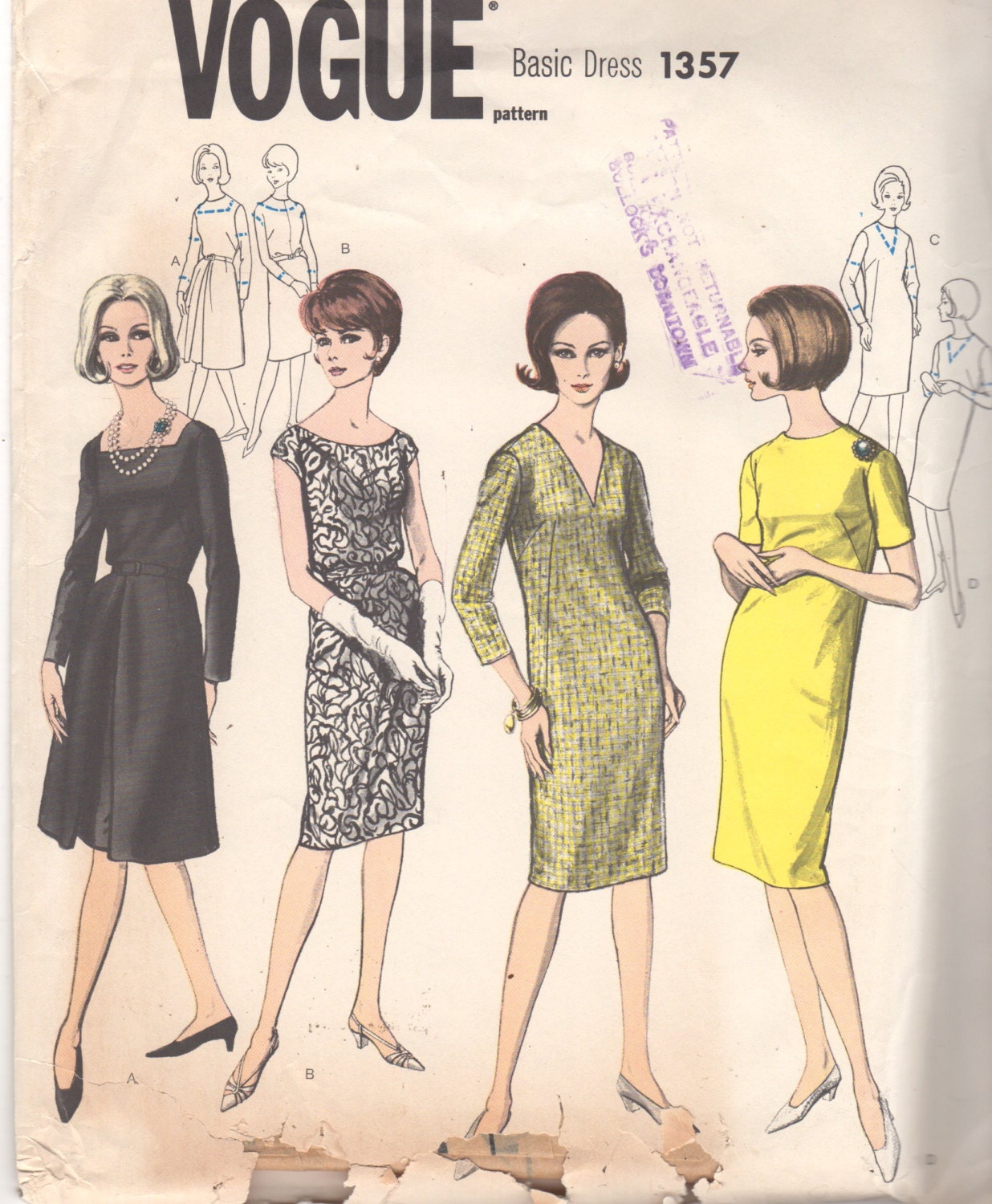 Vogue 1357 1960s Misses Classic Dress Pattern 4 Versions | Etsy
