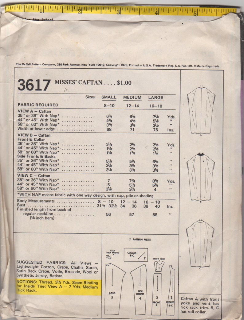 McCalls 3617 1970s Misses Batwing CAFTAN Pattern Contrast Princess Seams Womens Vintage Sewing Size Sm B 31 32 Or Medium