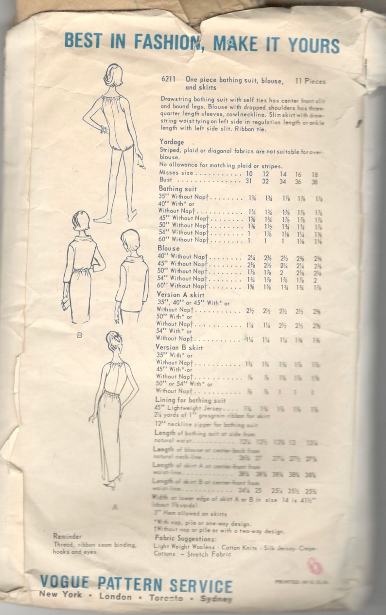 Vogue 6211 1960s Misses Drawstring Neck Swimsuit Cowl Neck Top and Skirt Pattern Womens Vintage Sewing Pattern Size 10 Bust 31