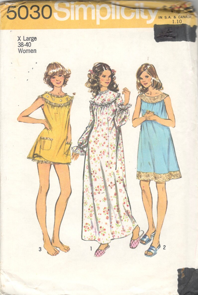 Simplicity 5030 1970s Misses Baby Doll Pajamas Nightgown Pattern Womens Vintage Sewing Pattern Size Extra Large 38 40 Bust 42 44 Or SM Or Md 