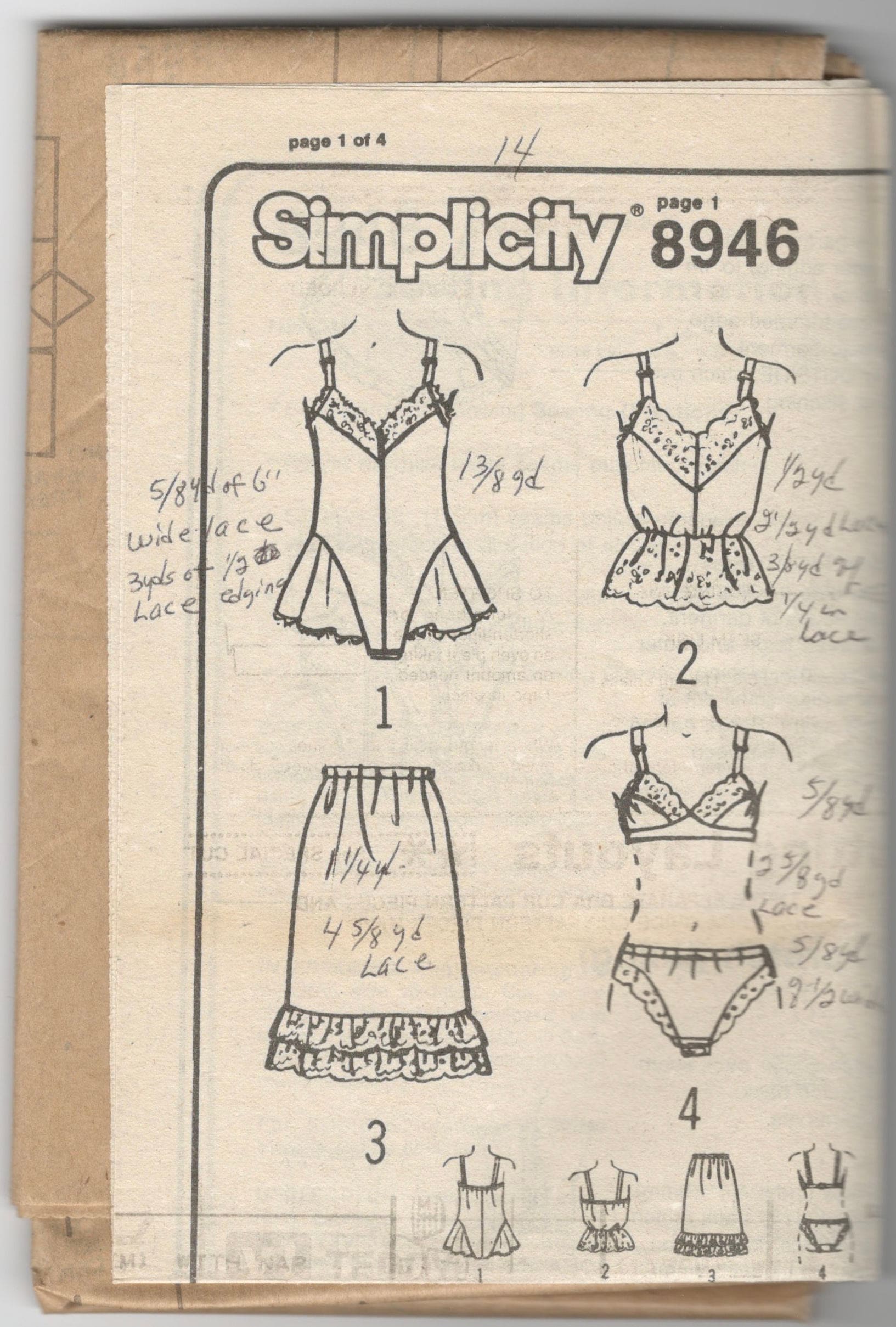 Simplicity 8946 1980s LINGERIE Pattern Bra Teddy Panties Camisole
