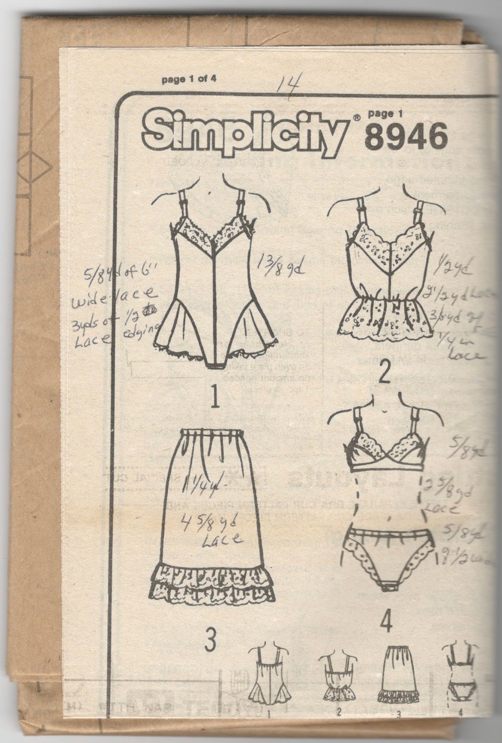 Simplicity 8946 1980s LINGERIE Pattern Bra Teddy Panties Camisole