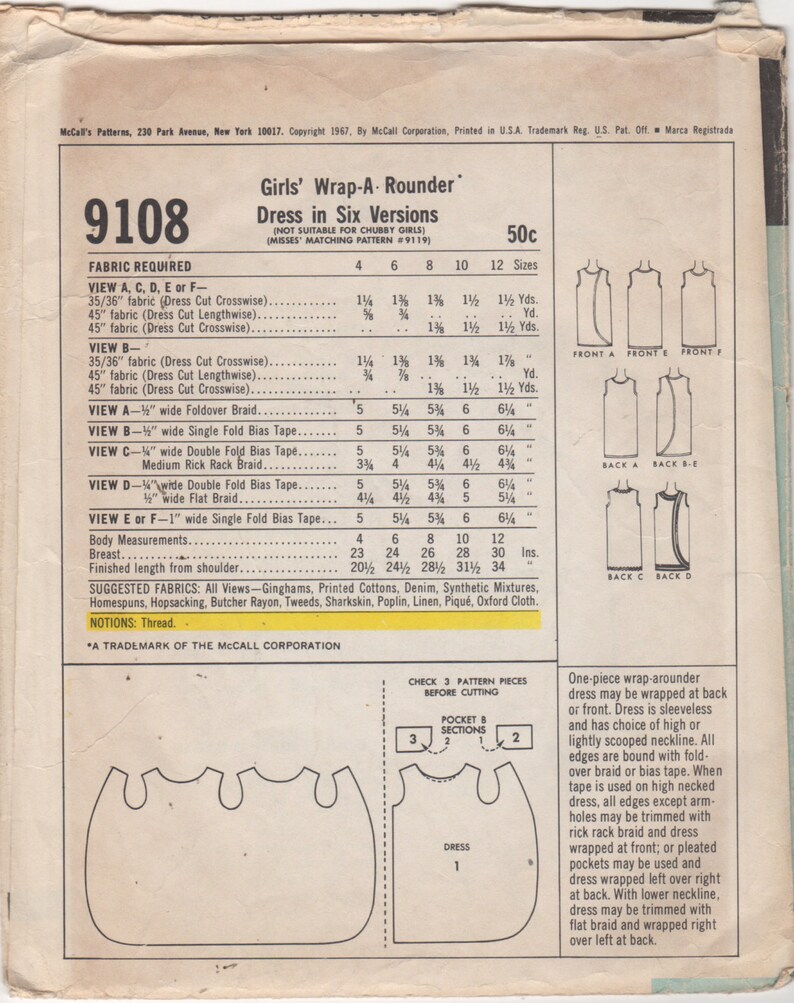 McCalls 9108 1960s Girls 3 Armhole Wrap Arounder Dress Pattern Childs Childs Mod Vintage Sewing Pattern Size 12 Breast 30 NO INSTRUCTIONS image 2