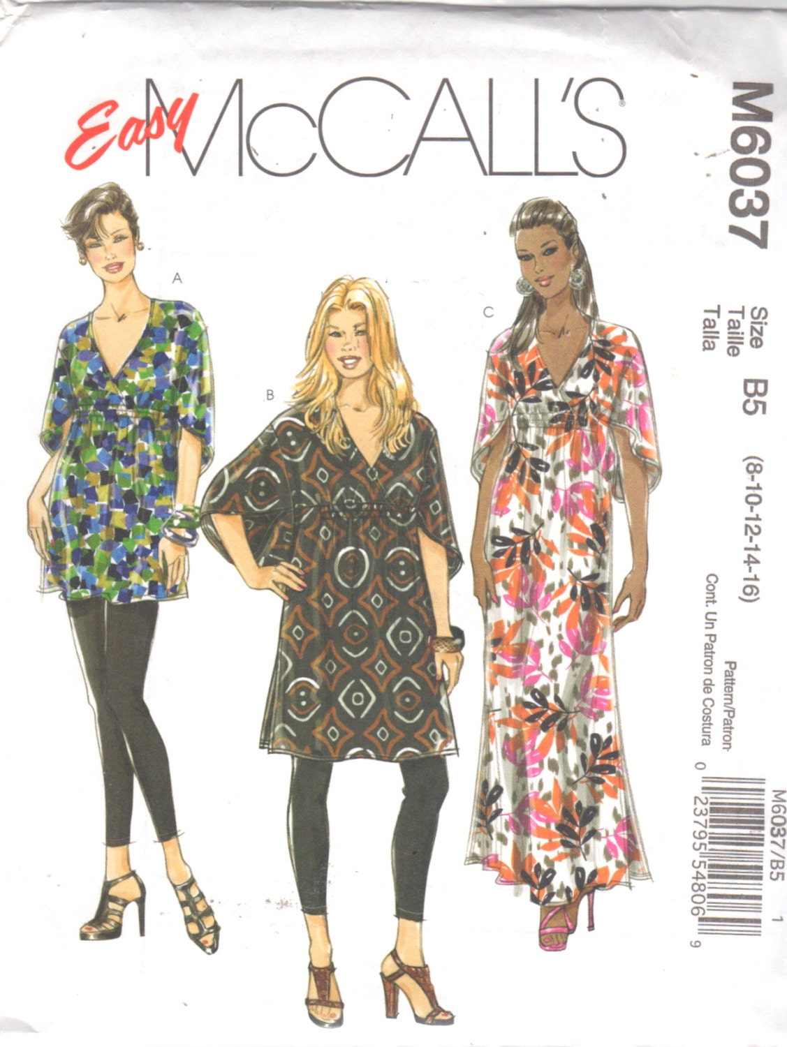 Easy V Neck Pullover Tunic Top Dress Caftan Pattern McCalls 6037 Empire Waist Sewing Pattern Size 8 10 12 14 16 Or 18 20 22 24